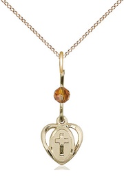 [5411TPGF/18GF] 14kt Gold Filled Heart Cross Pendant with a Topaz bead on a 18 inch Gold Filled Light Curb chain