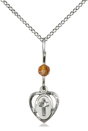 [5411TPSS/18SS] Sterling Silver Heart Cross Pendant with a Topaz bead on a 18 inch Sterling Silver Light Curb chain