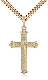 [5418GF/24G] 14kt Gold Filled Cross Pendant on a 24 inch Gold Plate Heavy Curb chain