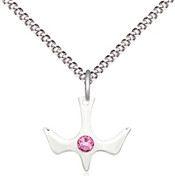 [5431SS-STN10/18S] Sterling Silver Holy Spirit Pendant with a 3mm Rose Swarovski stone on a 18 inch Light Rhodium Light Curb chain