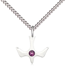 [5431SS-STN2/18S] Sterling Silver Holy Spirit Pendant with a 3mm Amethyst Swarovski stone on a 18 inch Light Rhodium Light Curb chain