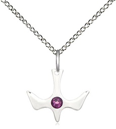 [5431SS-STN2/18SS] Sterling Silver Holy Spirit Pendant with a 3mm Amethyst Swarovski stone on a 18 inch Sterling Silver Light Curb chain