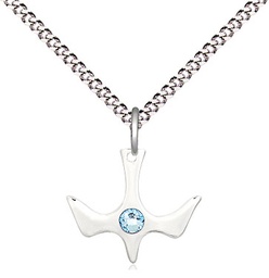 [5431SS-STN3/18S] Sterling Silver Holy Spirit Pendant with a 3mm Aqua Swarovski stone on a 18 inch Light Rhodium Light Curb chain