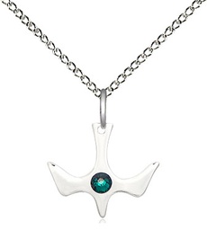 [5431SS-STN5/18SS] Sterling Silver Holy Spirit Pendant with a 3mm Emerald Swarovski stone on a 18 inch Sterling Silver Light Curb chain