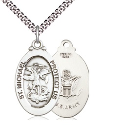 [4145RSS2/24S] Sterling Silver Saint Michael Army Pendant on a 24 inch Light Rhodium Heavy Curb chain
