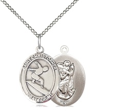 [8184SS/18SS] Sterling Silver Saint Christopher Surfing Pendant on a 18 inch Sterling Silver Light Curb chain