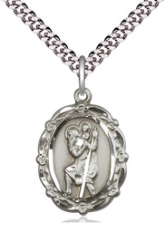 [4146CSS/24S] Sterling Silver Saint Christopher Pendant on a 24 inch Light Rhodium Heavy Curb chain