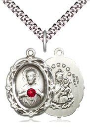 [4146SSS-STN7/24S] Sterling Silver Scapular w/ Ruby Stone Pendant with a 3mm Ruby Swarovski stone on a 24 inch Light Rhodium Heavy Curb chain