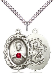 [4146SSS-STN7/24SS] Sterling Silver Scapular w/ Ruby Stone Pendant with a 3mm Ruby Swarovski stone on a 24 inch Sterling Silver Heavy Curb chain