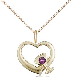 [4205GF-STN2/18GF] 14kt Gold Filled Heart / Chalice Pendant with a 3mm Amethyst Swarovski stone on a 18 inch Gold Filled Light Curb chain