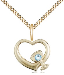 [4205GF-STN3/18G] 14kt Gold Filled Heart / Chalice Pendant with a 3mm Aqua Swarovski stone on a 18 inch Gold Plate Light Curb chain