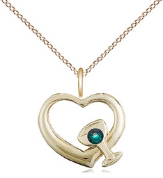 [4205GF-STN5/18GF] 14kt Gold Filled Heart / Chalice Pendant with a 3mm Emerald Swarovski stone on a 18 inch Gold Filled Light Curb chain