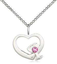 [4205SS-STN10/18SS] Sterling Silver Heart / Chalice Pendant with a 3mm Rose Swarovski stone on a 18 inch Sterling Silver Light Curb chain