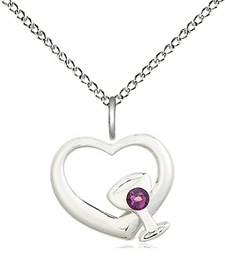 [4205SS-STN2/18SS] Sterling Silver Heart / Chalice Pendant with a 3mm Amethyst Swarovski stone on a 18 inch Sterling Silver Light Curb chain