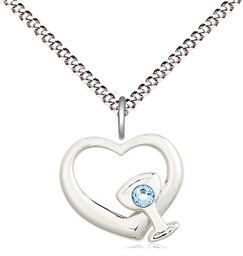 [4205SS-STN3/18S] Sterling Silver Heart / Chalice Pendant with a 3mm Aqua Swarovski stone on a 18 inch Light Rhodium Light Curb chain