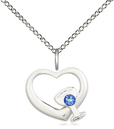 [4205SS-STN9/18SS] Sterling Silver Heart / Chalice Pendant with a 3mm Sapphire Swarovski stone on a 18 inch Sterling Silver Light Curb chain