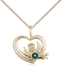 [4206GF-STN5/18GF] 14kt Gold Filled Heart / Guardian Angel Pendant with a 3mm Emerald Swarovski stone on a 18 inch Gold Filled Light Curb chain
