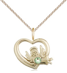 [4206GF-STN8/18GF] 14kt Gold Filled Heart / Guardian Angel Pendant with a 3mm Peridot Swarovski stone on a 18 inch Gold Filled Light Curb chain