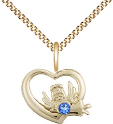 [4206GF-STN9/18G] 14kt Gold Filled Heart / Guardian Angel Pendant with a 3mm Sapphire Swarovski stone on a 18 inch Gold Plate Light Curb chain