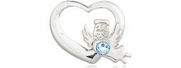 [4206SS-STN3] Sterling Silver Heart / Guardian Angel Medal with a 3mm Aqua Swarovski stone