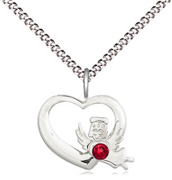 [4206SS-STN7/18S] Sterling Silver Heart / Guardian Angel Pendant with a 3mm Ruby Swarovski stone on a 18 inch Light Rhodium Light Curb chain