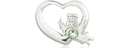 [4206SS-STN8] Sterling Silver Heart / Guardian Angel Medal with a 3mm Peridot Swarovski stone