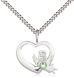 [4206SS-STN8/18S] Sterling Silver Heart / Guardian Angel Pendant with a 3mm Peridot Swarovski stone on a 18 inch Light Rhodium Light Curb chain