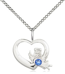 [4206SS-STN9/18SS] Sterling Silver Heart / Guardian Angel Pendant with a 3mm Sapphire Swarovski stone on a 18 inch Sterling Silver Light Curb chain