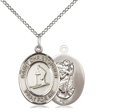 [8193SS/18SS] Sterling Silver Saint Christopher Skiing Pendant on a 18 inch Sterling Silver Light Curb chain