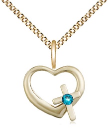 [4207GF-STN12/18G] 14kt Gold Filled Heart / Cross Pendant with a 3mm Zircon Swarovski stone on a 18 inch Gold Plate Light Curb chain