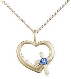[4207GF-STN9/18GF] 14kt Gold Filled Heart / Cross Pendant with a 3mm Sapphire Swarovski stone on a 18 inch Gold Filled Light Curb chain