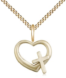 [4207GF/18G] 14kt Gold Filled Heart Cross Pendant on a 18 inch Gold Plate Light Curb chain