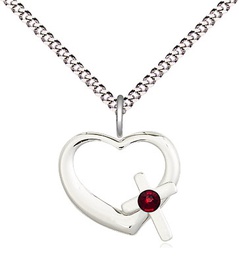 [4207SS-STN1/18S] Sterling Silver Heart / Cross Pendant with a 3mm Garnet Swarovski stone on a 18 inch Light Rhodium Light Curb chain