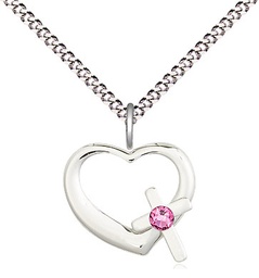 [4207SS-STN10/18S] Sterling Silver Heart / Cross Pendant with a 3mm Rose Swarovski stone on a 18 inch Light Rhodium Light Curb chain