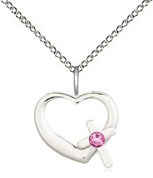 [4207SS-STN10/18SS] Sterling Silver Heart / Cross Pendant with a 3mm Rose Swarovski stone on a 18 inch Sterling Silver Light Curb chain