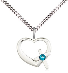 [4207SS-STN12/18S] Sterling Silver Heart / Cross Pendant with a 3mm Zircon Swarovski stone on a 18 inch Light Rhodium Light Curb chain