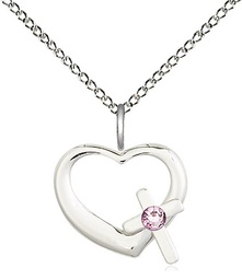 [4207SS-STN6/18SS] Sterling Silver Heart / Cross Pendant with a 3mm Light Amethyst Swarovski stone on a 18 inch Sterling Silver Light Curb chain