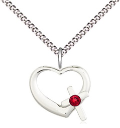 [4207SS-STN7/18S] Sterling Silver Heart / Cross Pendant with a 3mm Ruby Swarovski stone on a 18 inch Light Rhodium Light Curb chain