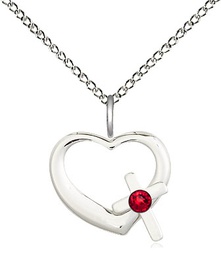[4207SS-STN7/18SS] Sterling Silver Heart / Cross Pendant with a 3mm Ruby Swarovski stone on a 18 inch Sterling Silver Light Curb chain