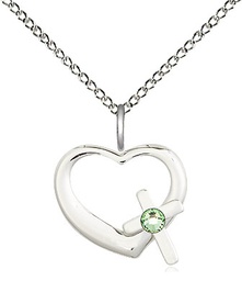 [4207SS-STN8/18SS] Sterling Silver Heart / Cross Pendant with a 3mm Peridot Swarovski stone on a 18 inch Sterling Silver Light Curb chain