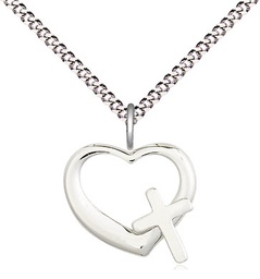 [4207SS/18S] Sterling Silver Heart Cross Pendant on a 18 inch Light Rhodium Light Curb chain