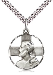 [4221SS/24S] Sterling Silver Head of Christ Pendant on a 24 inch Light Rhodium Heavy Curb chain