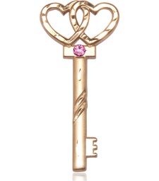 [6212KT-STN10] 14kt Gold Key w/Double Hearts Medal with a 3mm Rose Swarovski stone