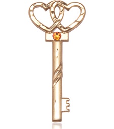 [6212KT-STN11] 14kt Gold Key w/Double Hearts Medal with a 3mm Topaz Swarovski stone