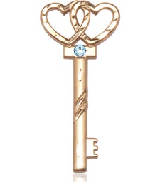 [6212KT-STN3] 14kt Gold Key w/Double Hearts Medal with a 3mm Aqua Swarovski stone