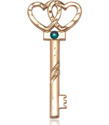 [6212KT-STN5] 14kt Gold Key w/Double Hearts Medal with a 3mm Emerald Swarovski stone