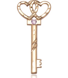 [6212KT-STN6] 14kt Gold Key w/Double Hearts Medal with a 3mm Light Amethyst Swarovski stone