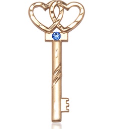 [6212KT-STN9] 14kt Gold Key w/Double Hearts Medal with a 3mm Sapphire Swarovski stone