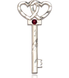 [6212SS-STN1] Sterling Silver Key w/Double Hearts Medal with a 3mm Garnet Swarovski stone