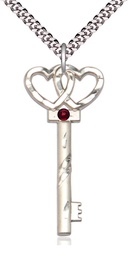 [6212SS-STN1/24S] Sterling Silver Key w/Double Hearts Pendant with a 3mm Garnet Swarovski stone on a 24 inch Light Rhodium Heavy Curb chain
